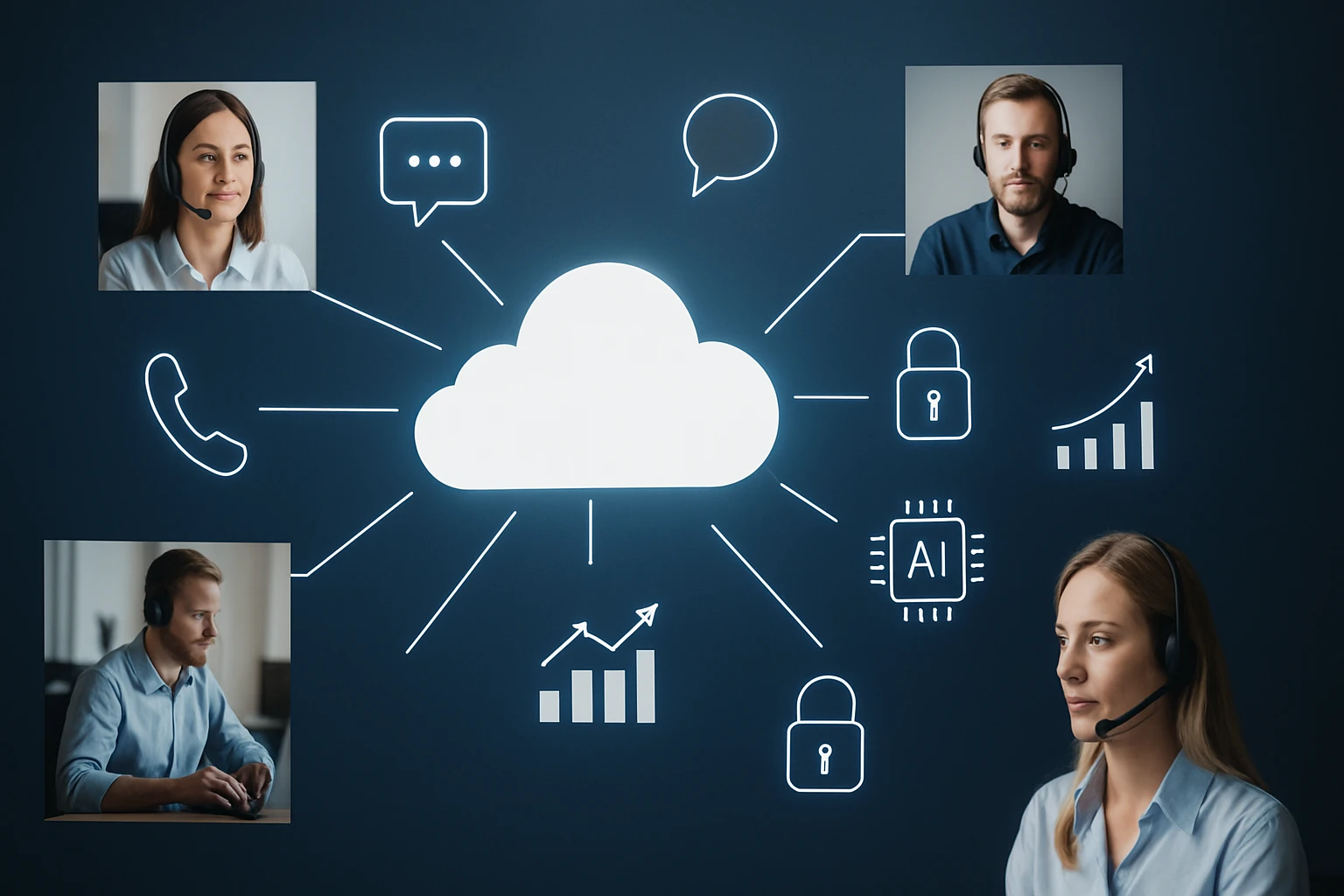 Három ügyfélszolgálati munkatárs headsettel, a felhőalapú technológia szimbólumaival.