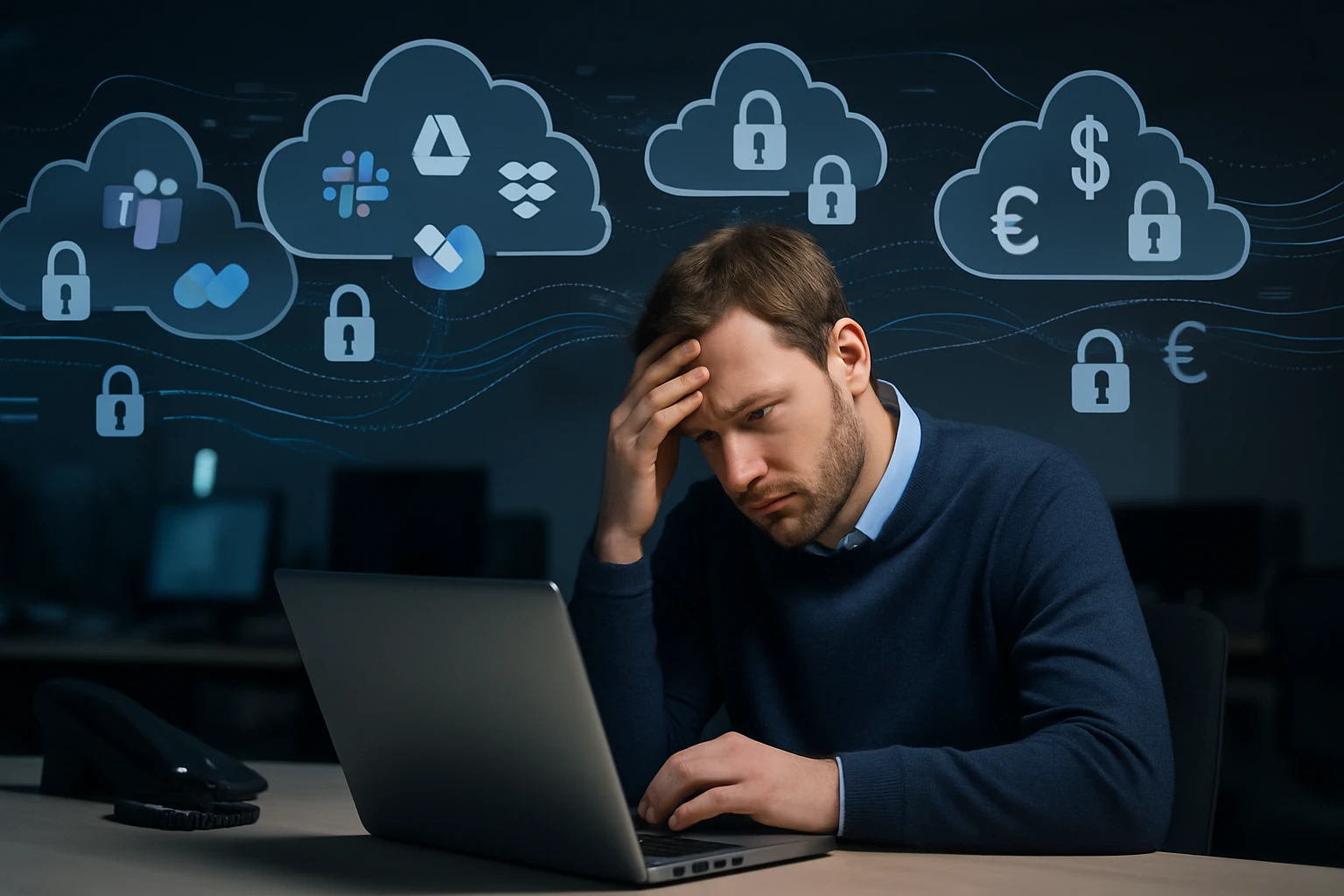 Egy férfi aggodalommal néz a laptopjára, miközben felhőalapú szolgáltatások ikonjaival van körülvéve.