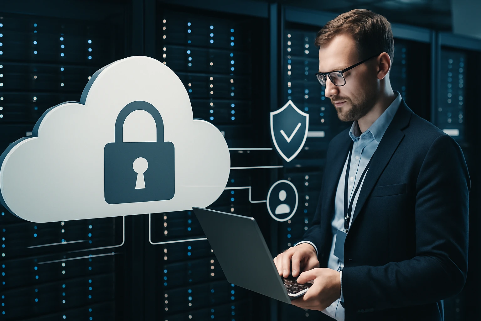 Egy férfi laptopon dolgozik, miközben a felhőbiztonság szimbóluma látható mellette.