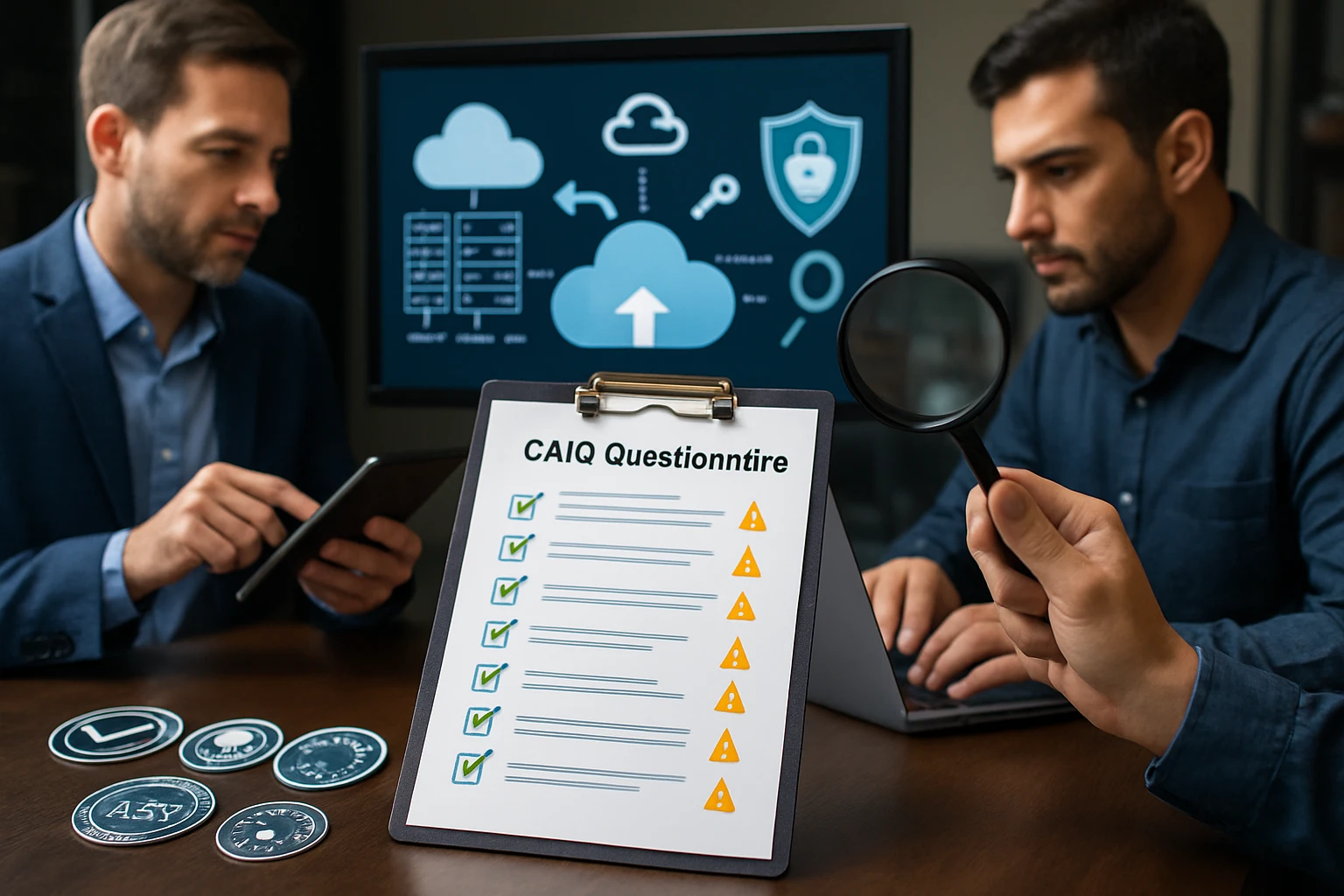 Két férfi egy irodában, CAIQ kérdőívvel és felhőalapú biztonsági grafikákkal.