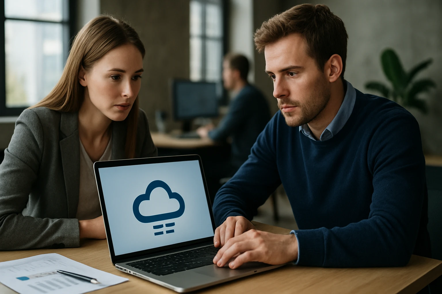 Két fiatal szakember egy laptop előtt ül, a képernyőn felhőszolgáltatás ikon látható.