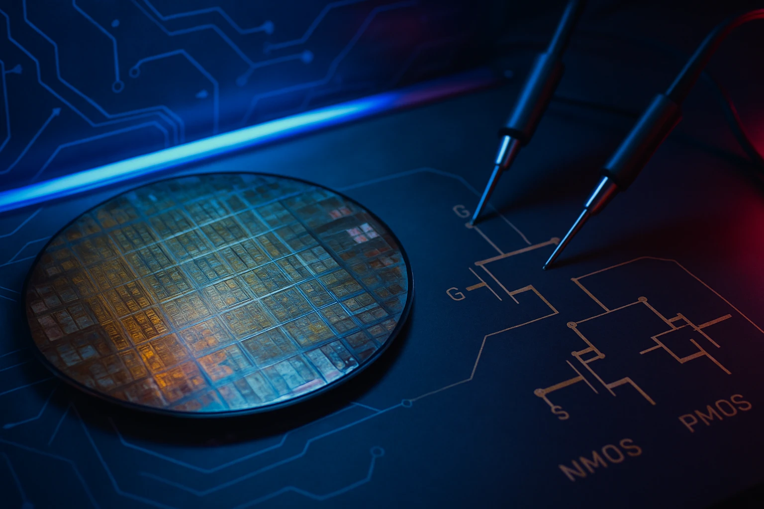 Egy félvezető lapka látható, amelyen áramkörök és mérőszondák találhatók.