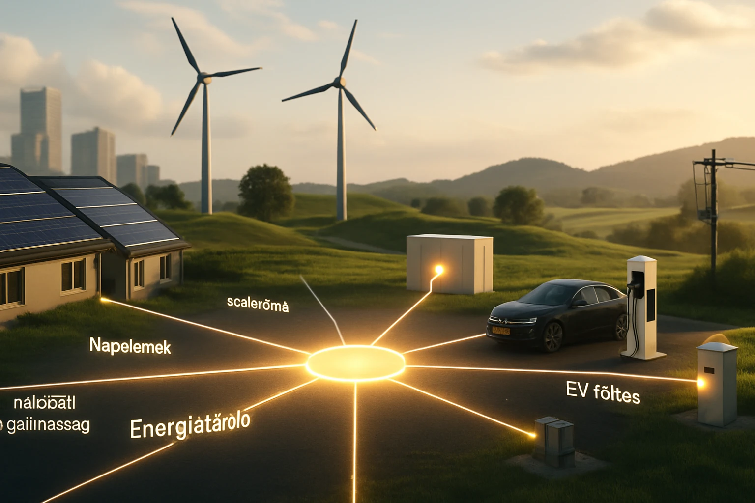 Egy modern ház napelemekkel, szélmalmokkal és elektromos autó töltőállomással.