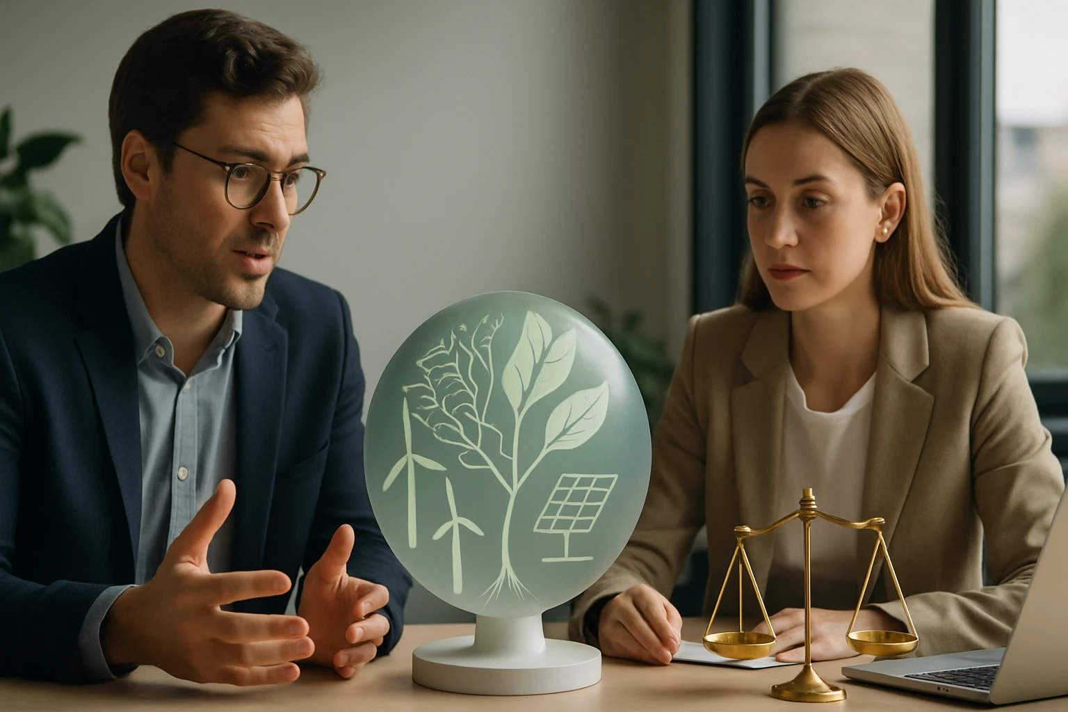 Két szakember beszélget egy zöld technológiát ábrázoló gömb mellett.