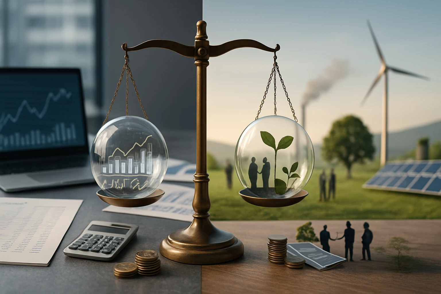 Egy mérleg, amelyen pénzügyi és környezeti szempontok egyensúlyoznak.