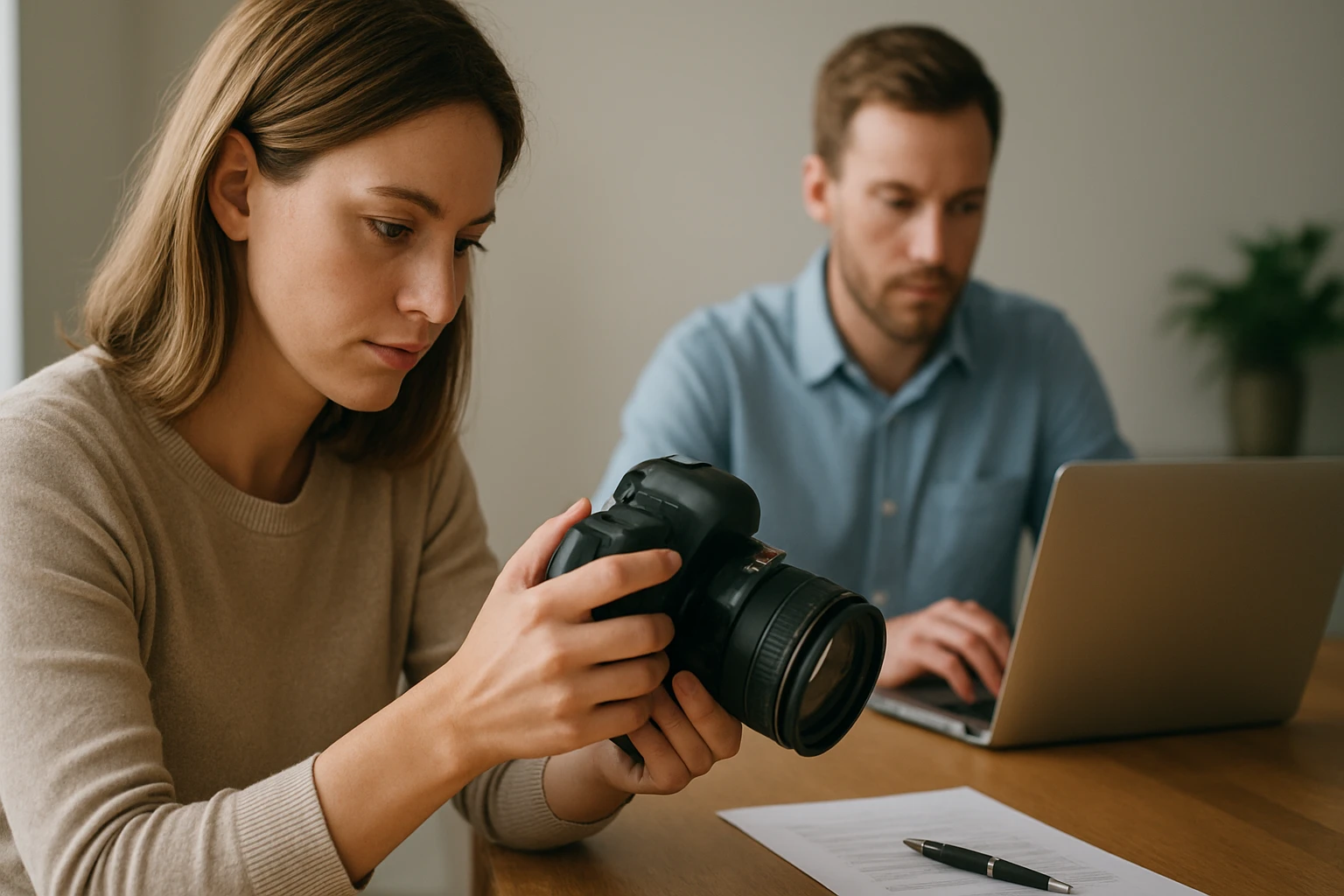 Egy nő fényképezőgépet tart a kezében, míg egy férfi laptopon dolgozik.