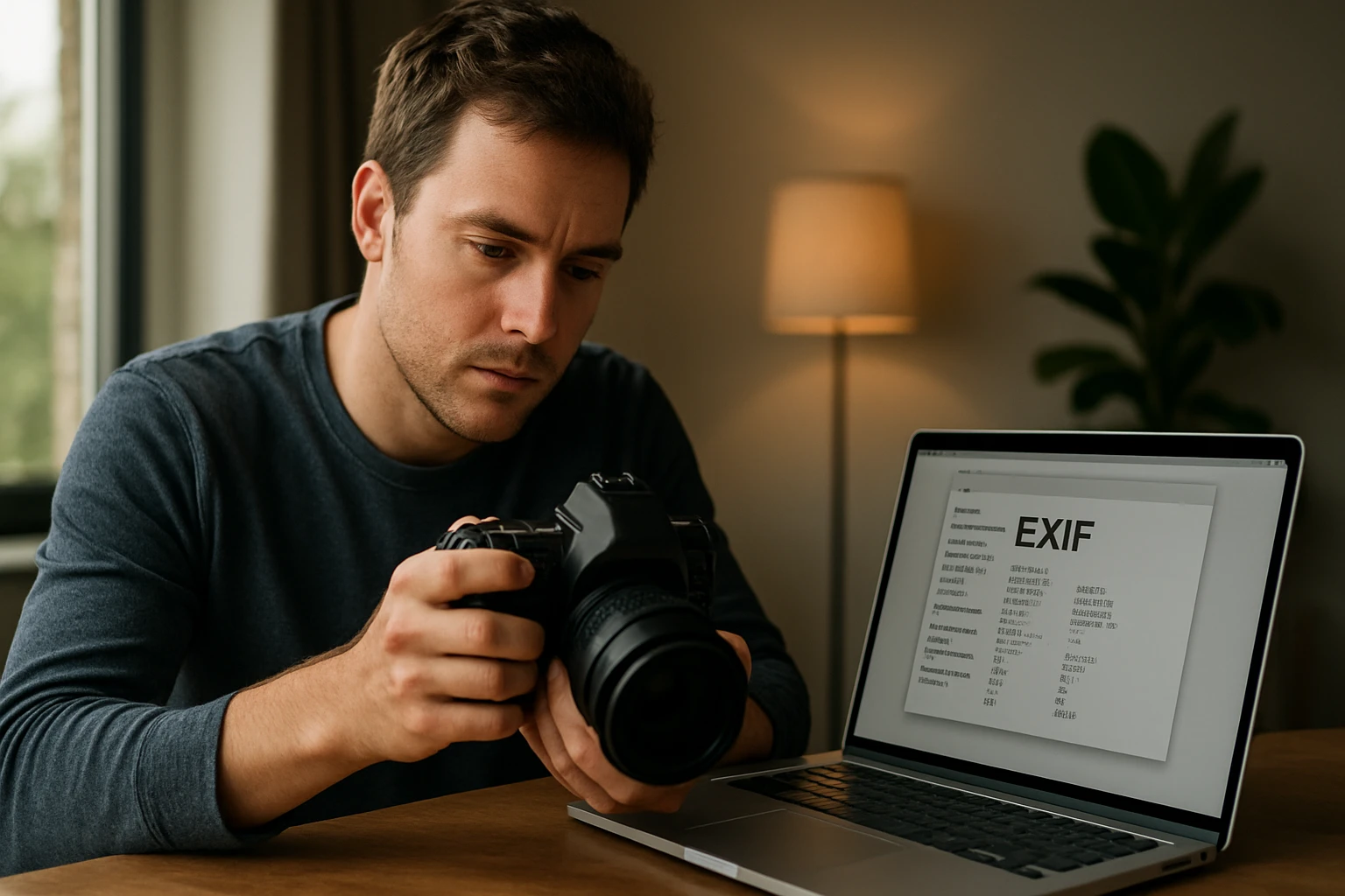 Egy férfi fényképezőgépet tart a kezében, miközben a laptopján az EXIF adatokat nézi.
