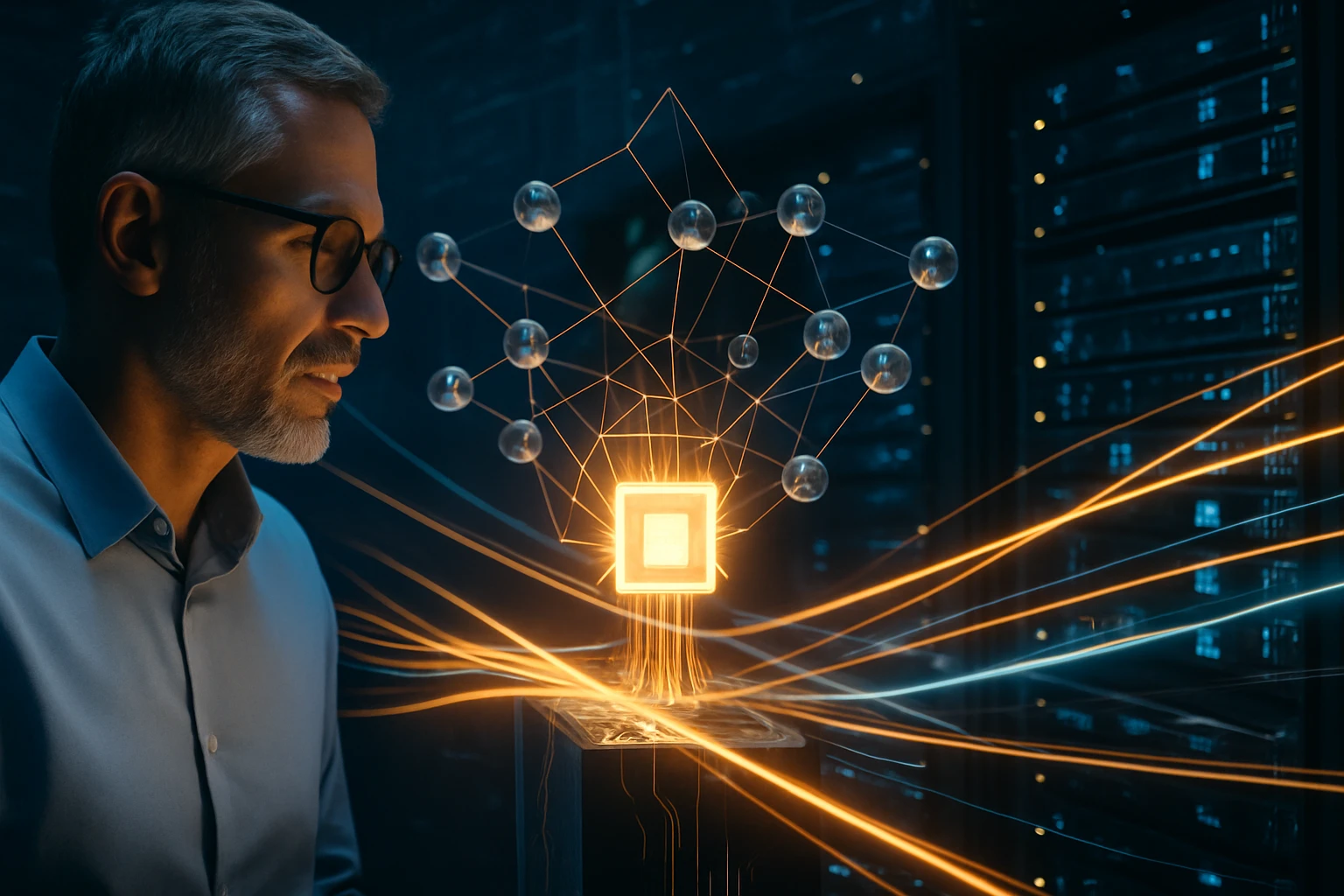 Egy férfi figyelmesen nézi a fénylő processzort, amely körül adatkapcsolatok láthatók.