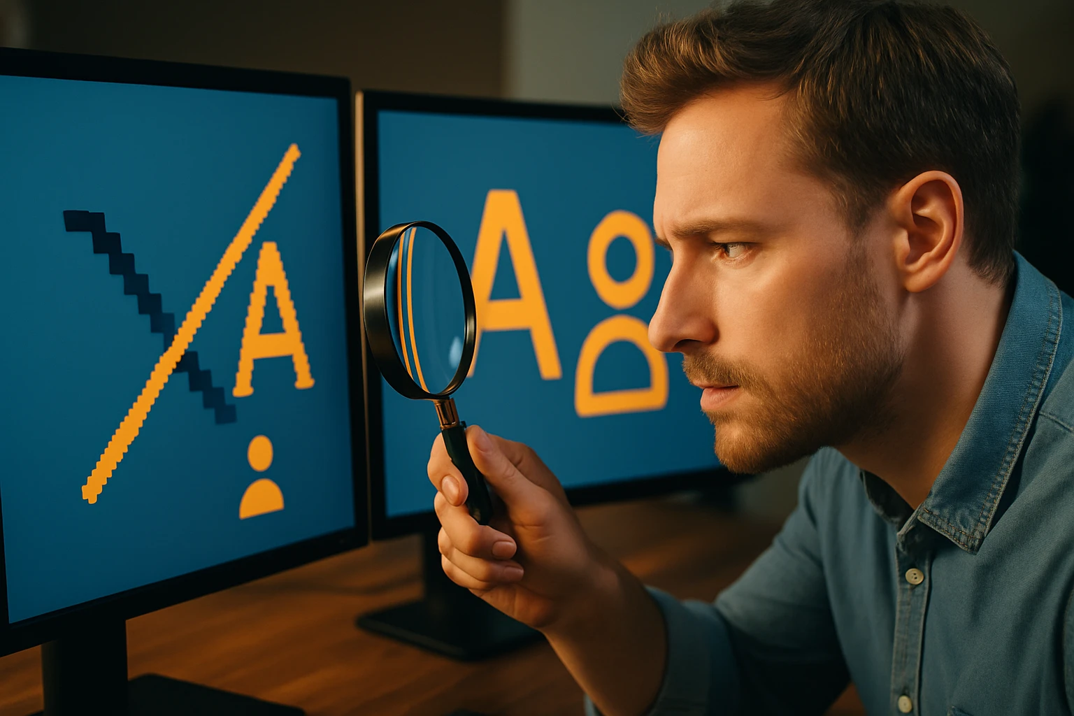 Egy férfi nagyítót használ, miközben két számítógép képernyőjét nézi.