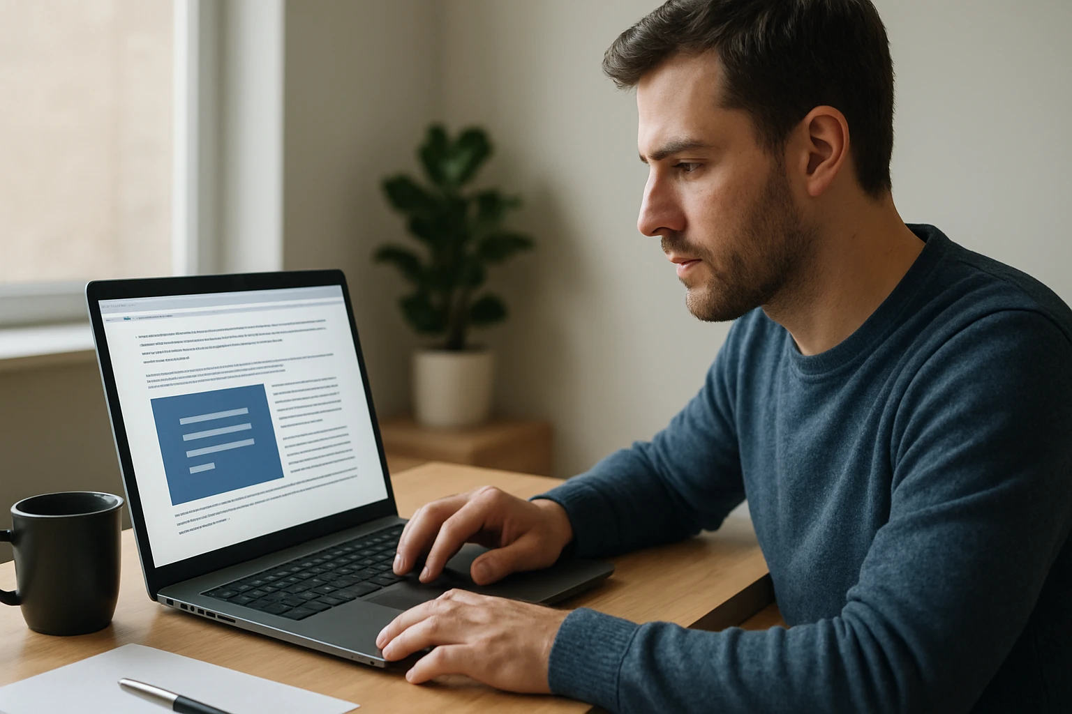 Egy férfi a laptopján dolgozik, figyelmesen olvasva a képernyőt.