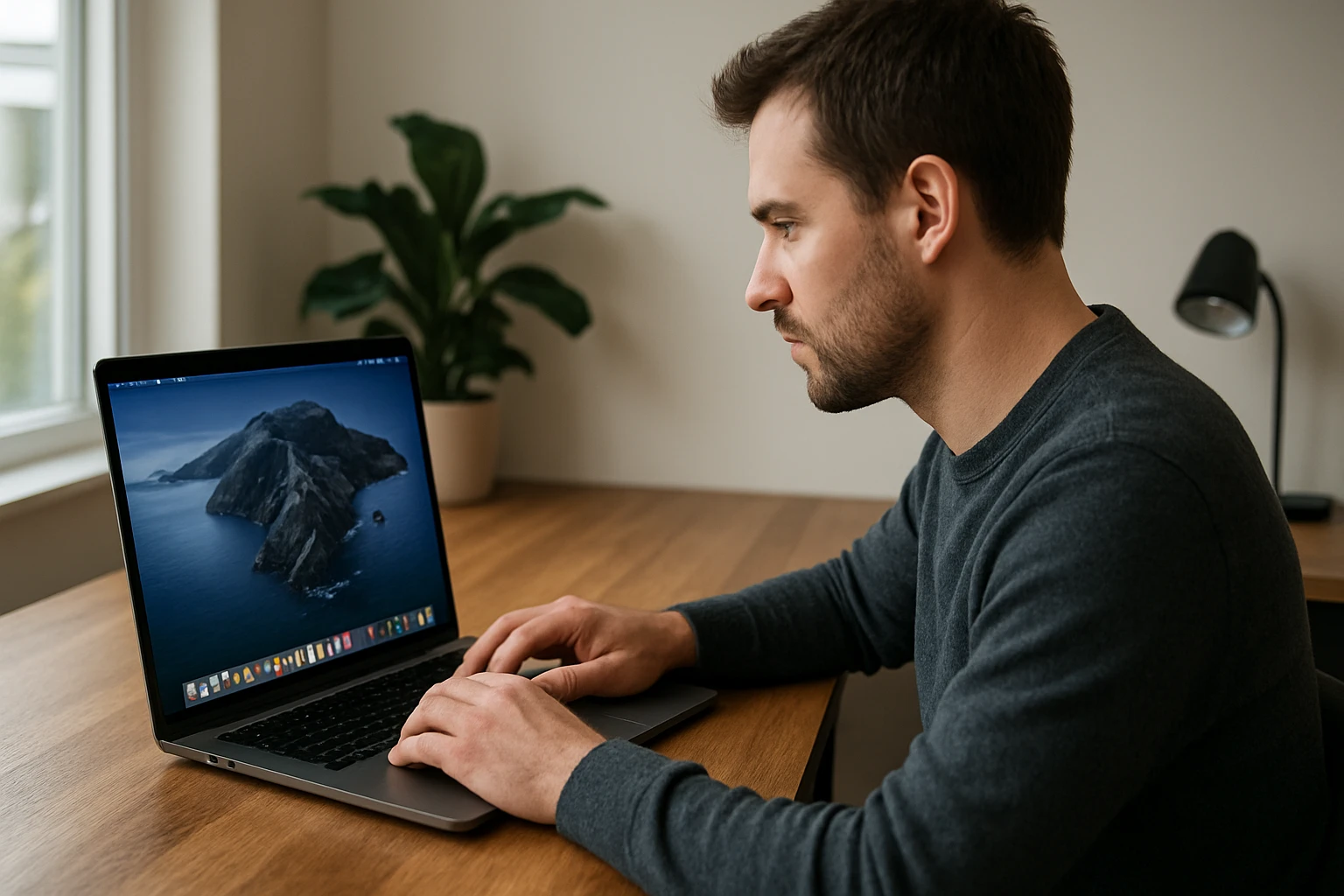 Egy férfi laptop előtt ülve, figyelmesen nézi a képernyőt.