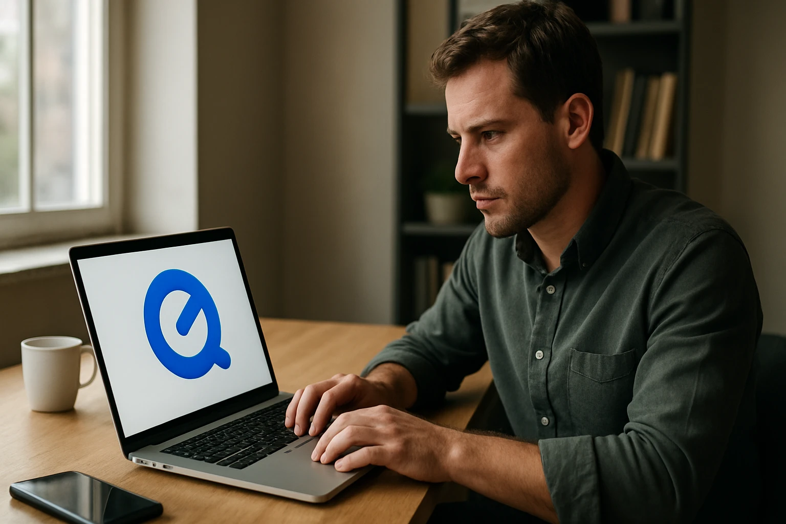 Egy férfi dolgozik egy laptopon, amelyen egy kék logó látható.