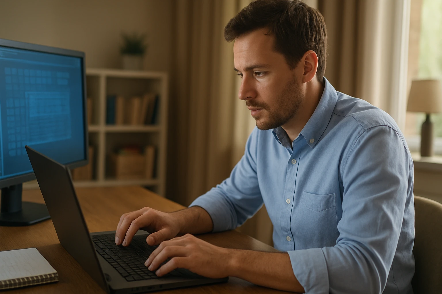 Egy férfi koncentráltan dolgozik laptopján, háttérben monitorral.