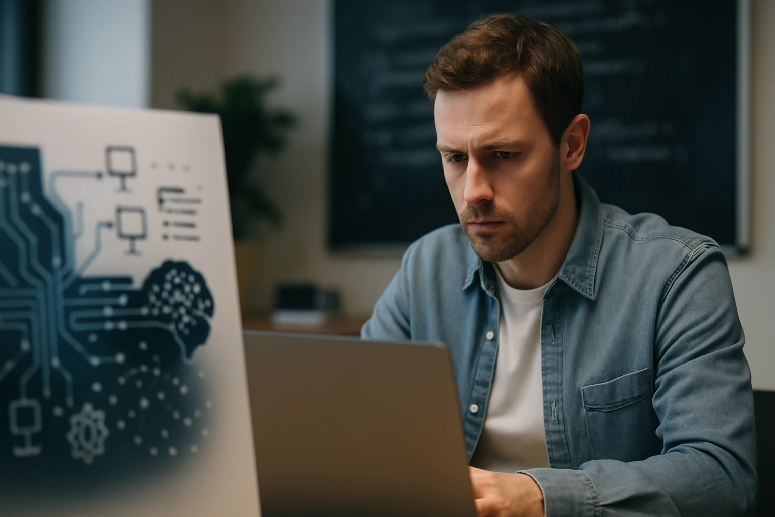 Egy férfi koncentrálva dolgozik laptopján, háttérben technológiai grafikával.