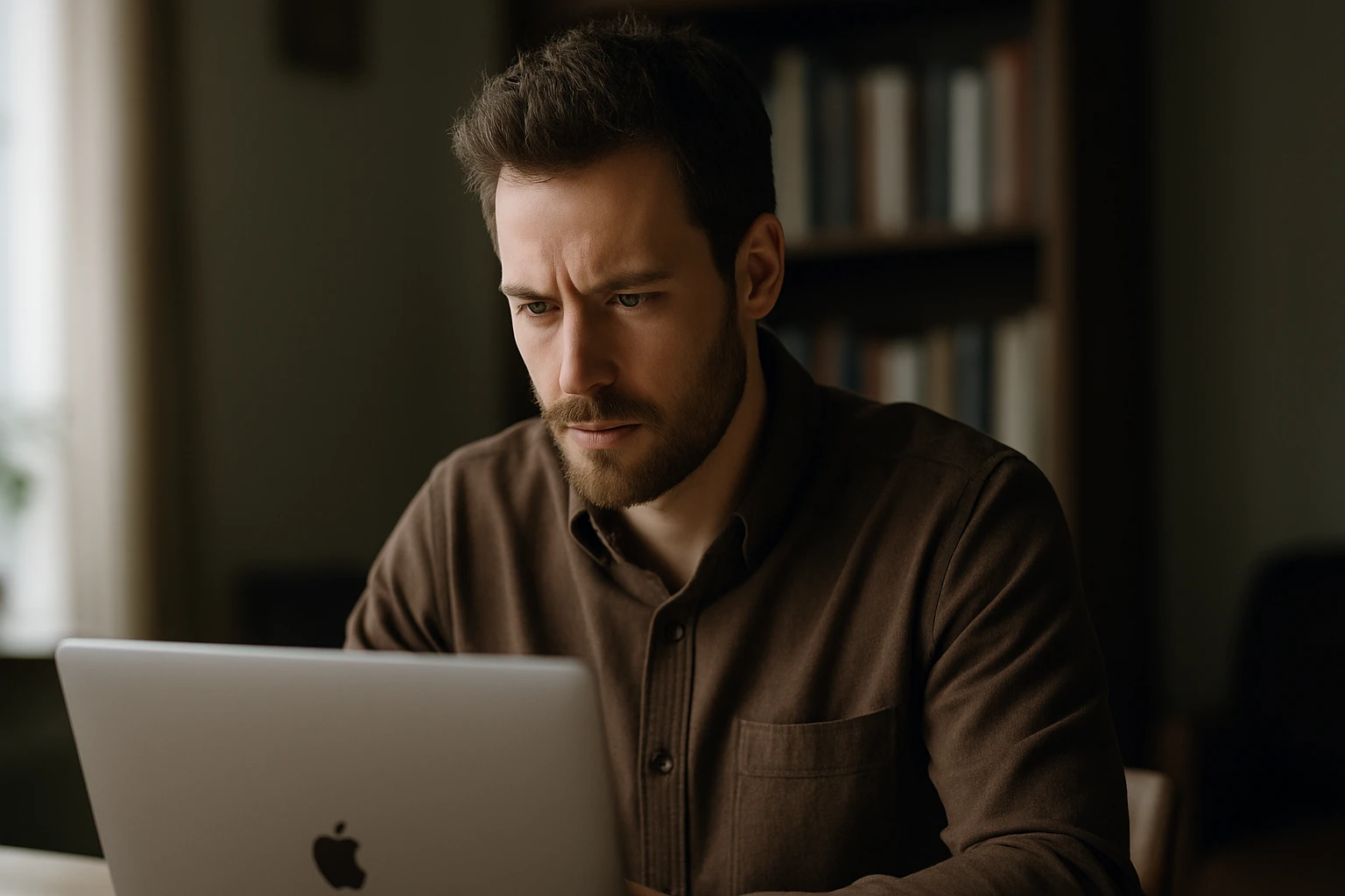 Egy férfi koncentráltan dolgozik egy MacBookon, könyvek között ülve.