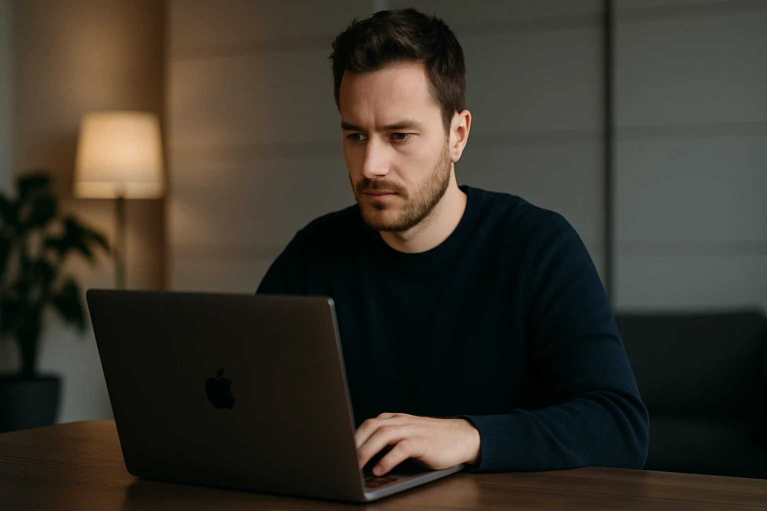 Egy férfi koncentráltan dolgozik egy MacBookon, modern irodai környezetben.