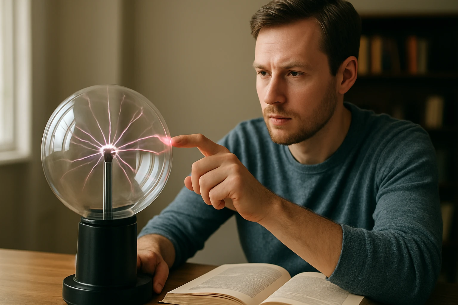 Egy férfi érint egy plazma gömböt, miközben figyelmesen nézi a fényt.