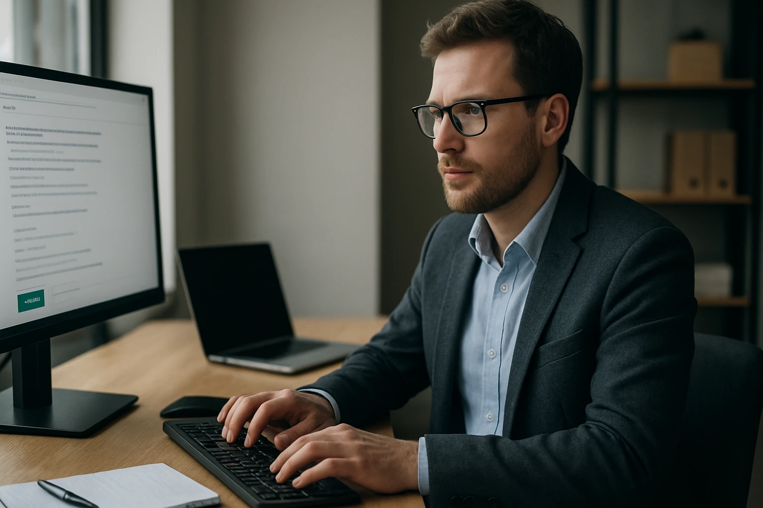 Egy fiatal férfi számítógép előtt ül, aktívan gépelve egy irodai környezetben.