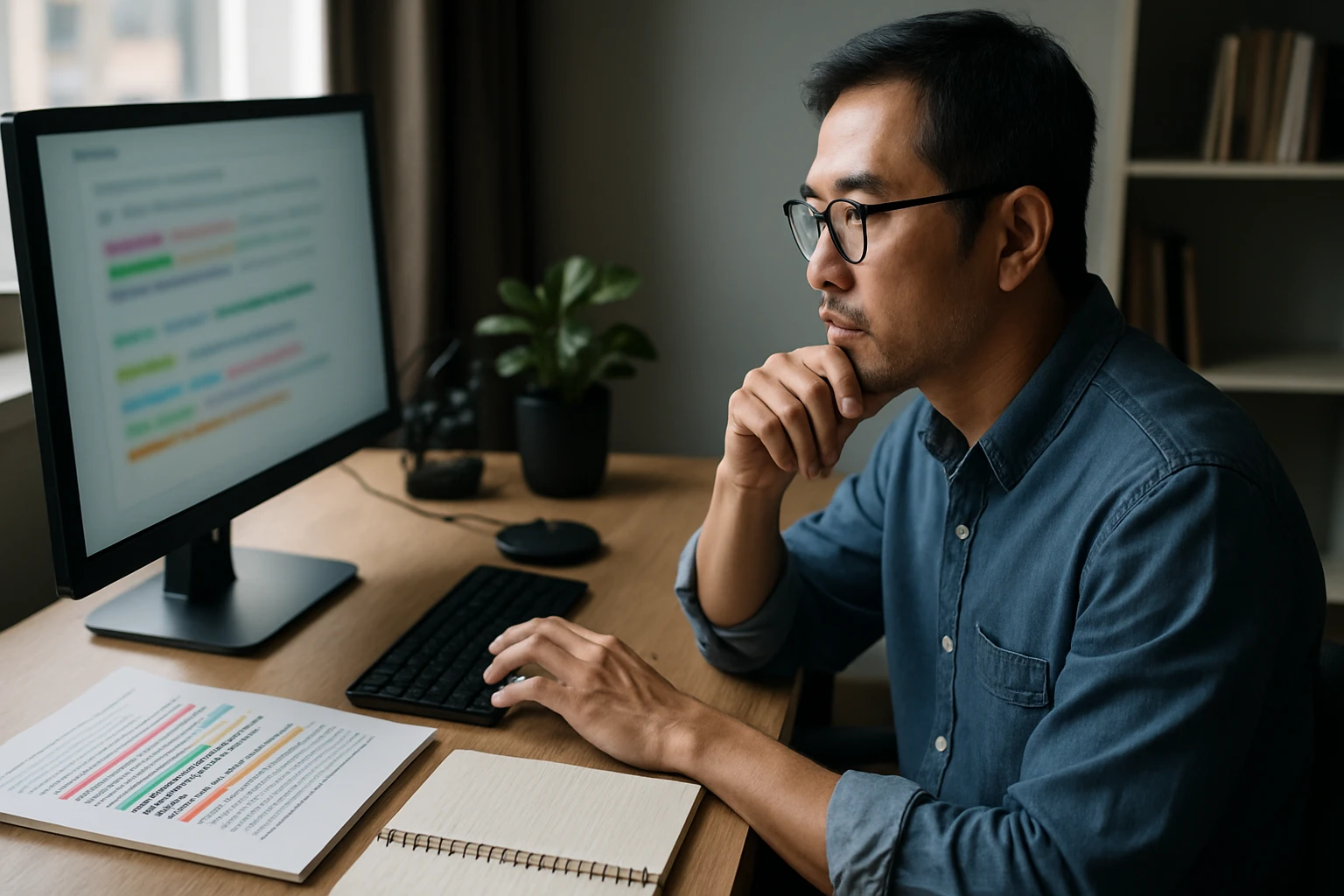 Egy férfi figyelmesen dolgozik számítógépén, jegyzetekkel az asztalon.