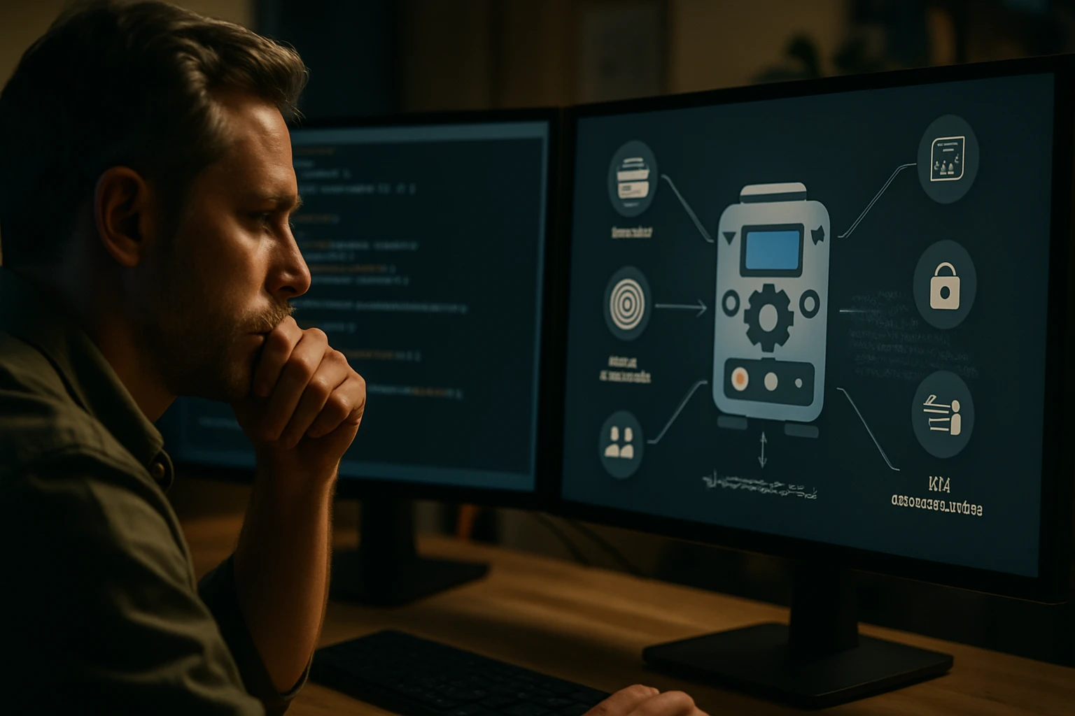 Egy férfi figyelmesen nézi a számítógép képernyőjét, amelyen technikai diagram látható.