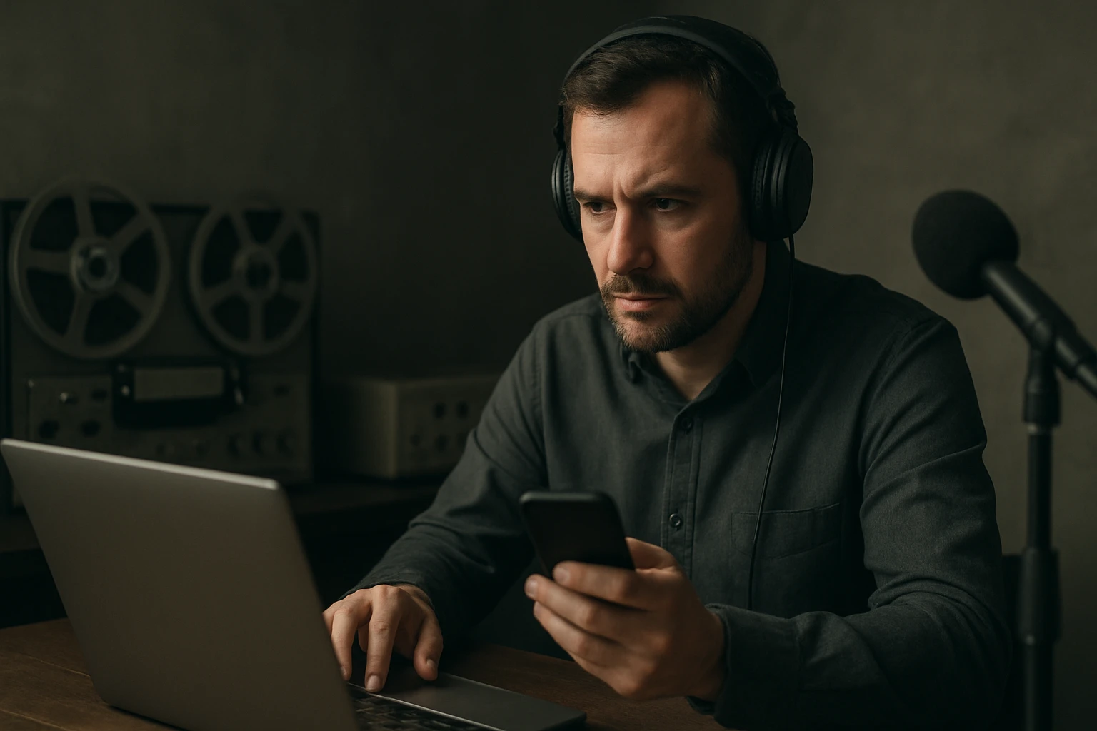 Egy férfi fejhallgatót visel, laptopon dolgozik, telefonját nézi.