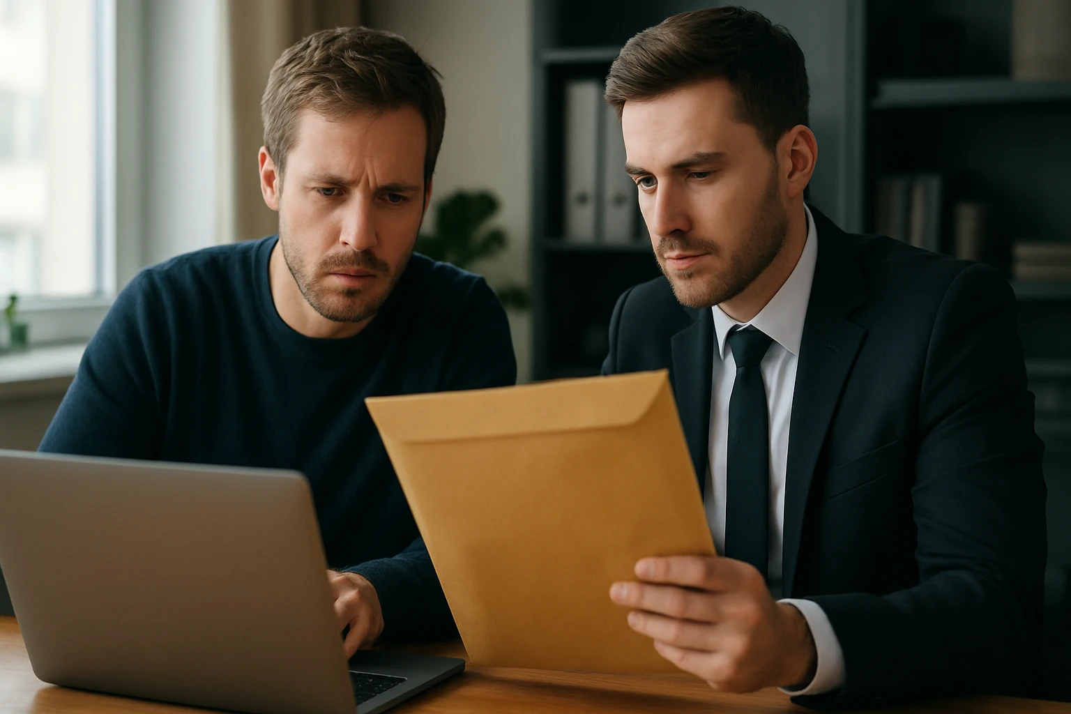 Két férfi ül egy asztalnál, laptop előtt, egy borítékot néznek.