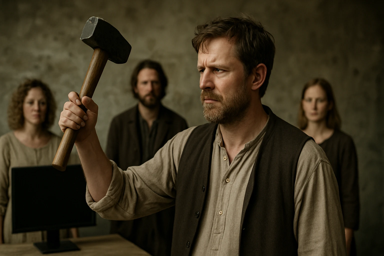 Egy férfi kalapáccsal a kezében, mögötte három ember áll, sötét háttér előtt.