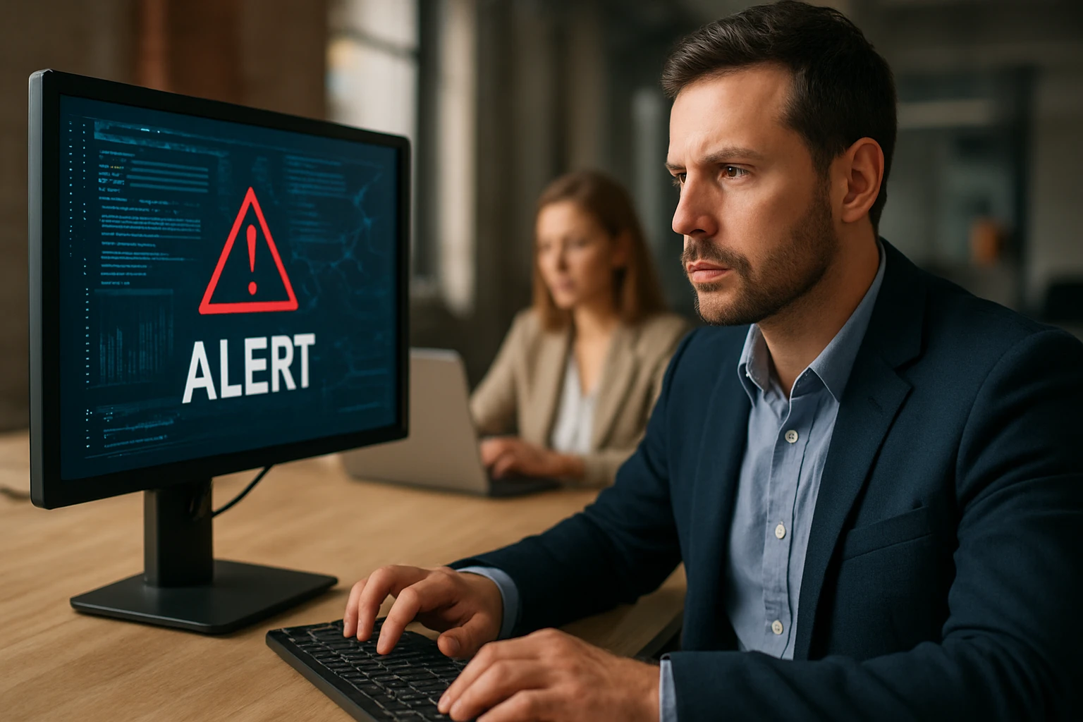 Egy férfi figyelmesen nézi a számítógép képernyőjét, amelyen figyelmeztetés látható.