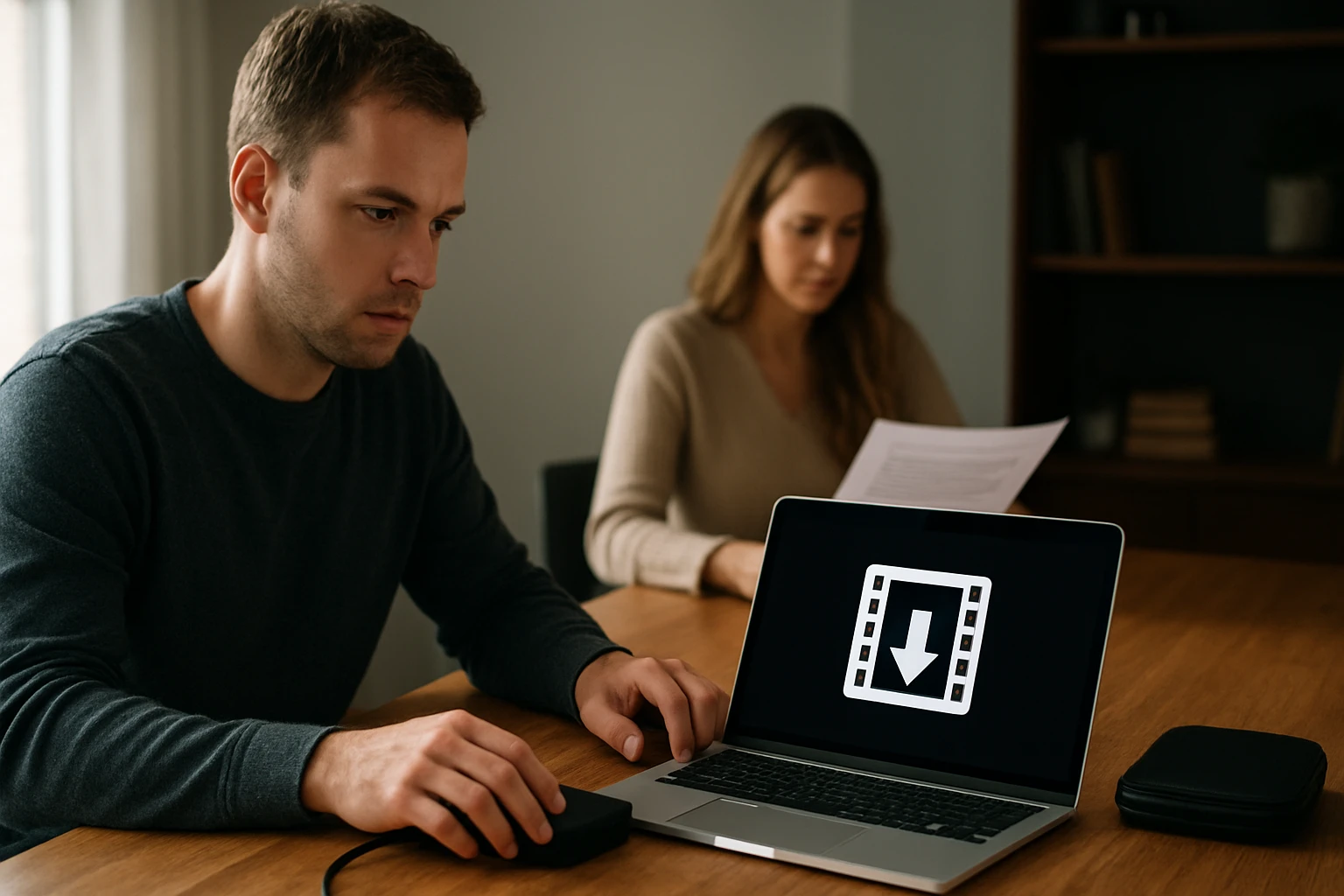 Egy férfi laptopján filmletöltés ikon látható, miközben egy nő papírokat néz.