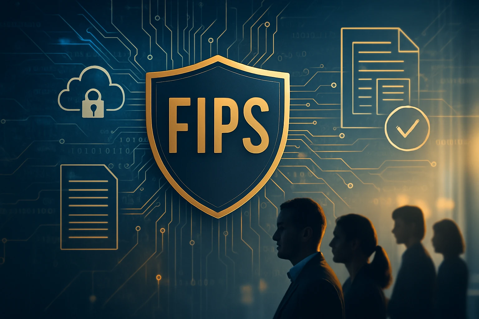 FIPS logója háttérben digitális áramkörökkel és emberek siluettjeivel.