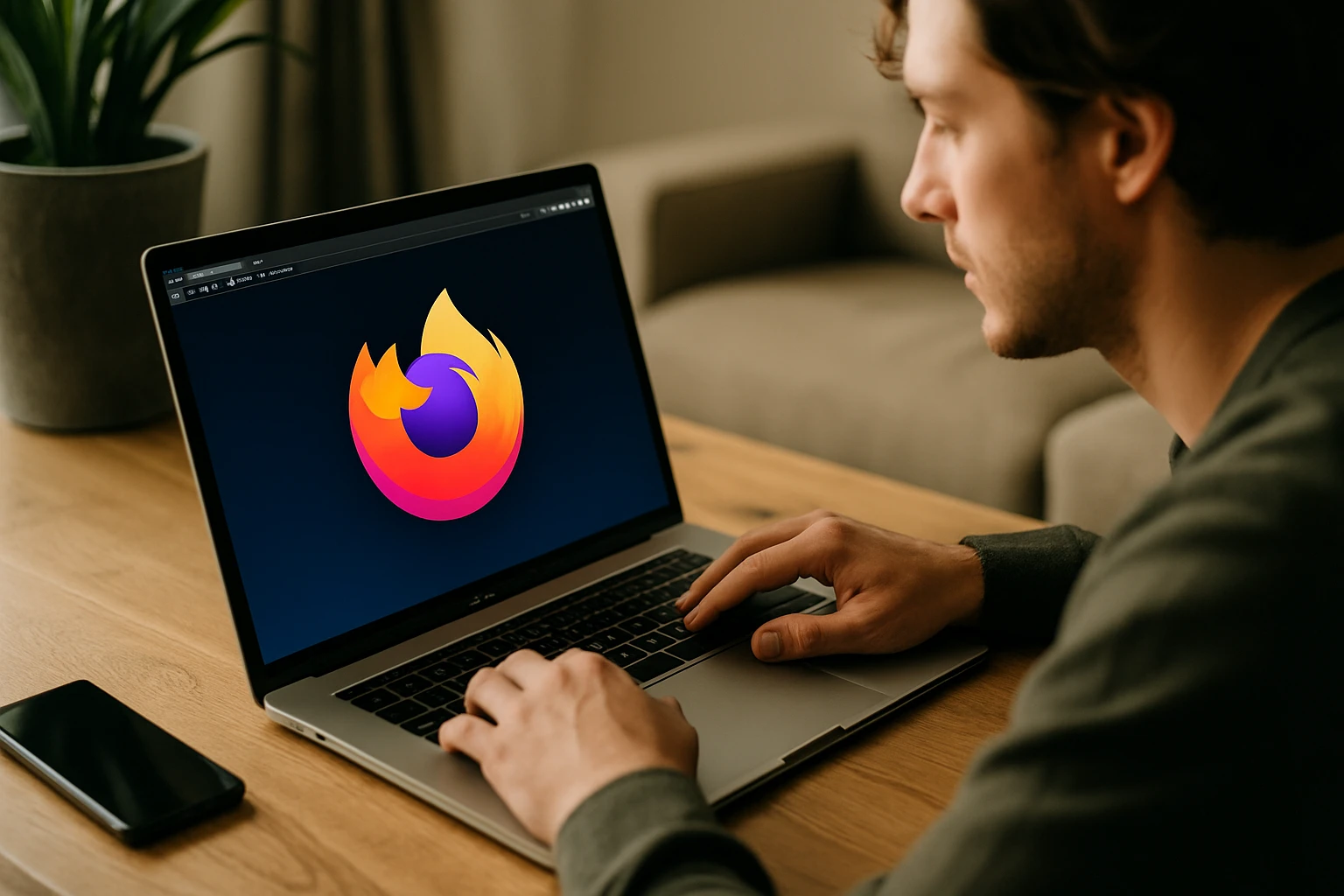 Egy férfi a laptopján a Firefox böngésző logóját nézi.