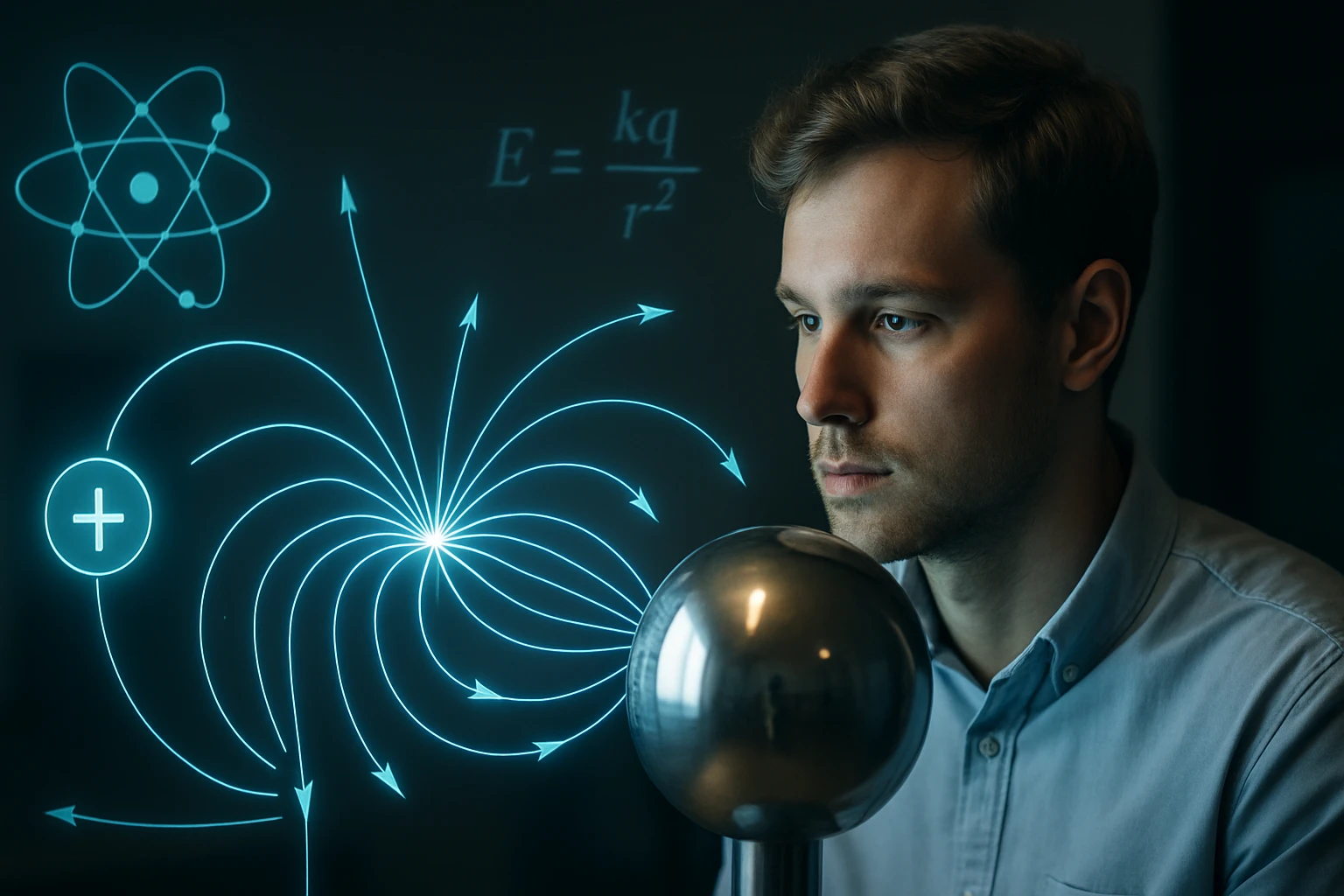 Egy fiatal férfi figyelmesen néz egy fémgömbre, mögötte fizikai képletek láthatók.