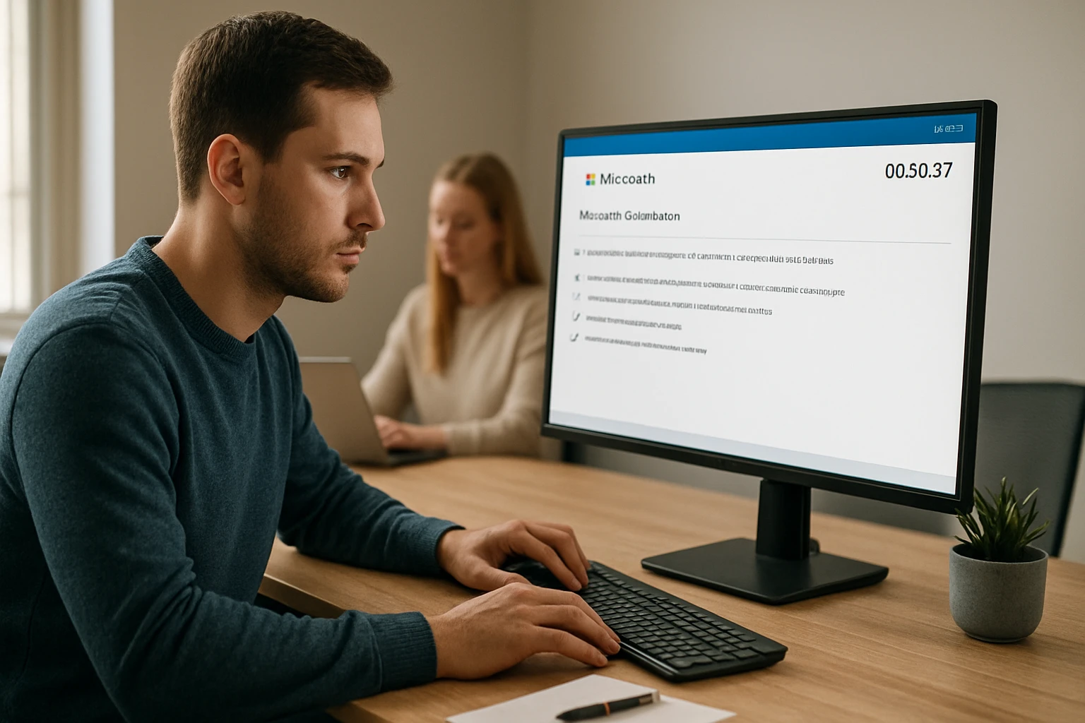 Egy fiatal férfi számítógép előtt ül, figyelmesen dolgozik egy projekt dokumentumán.