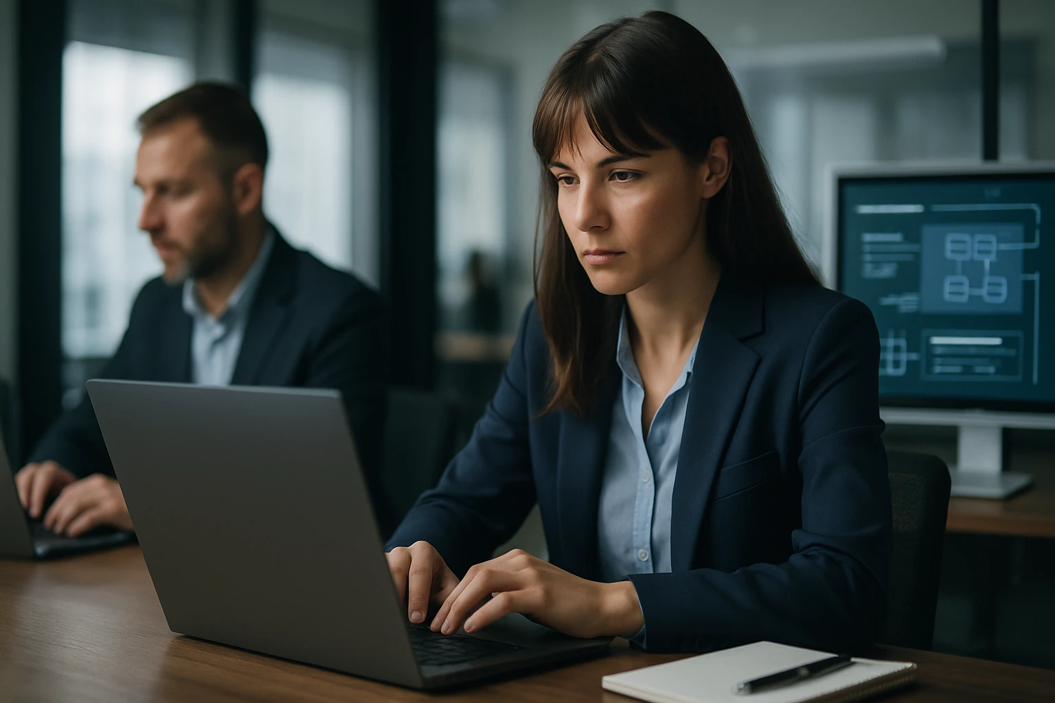 Két ember dolgozik laptopon egy modern irodában, koncentrált arccal.