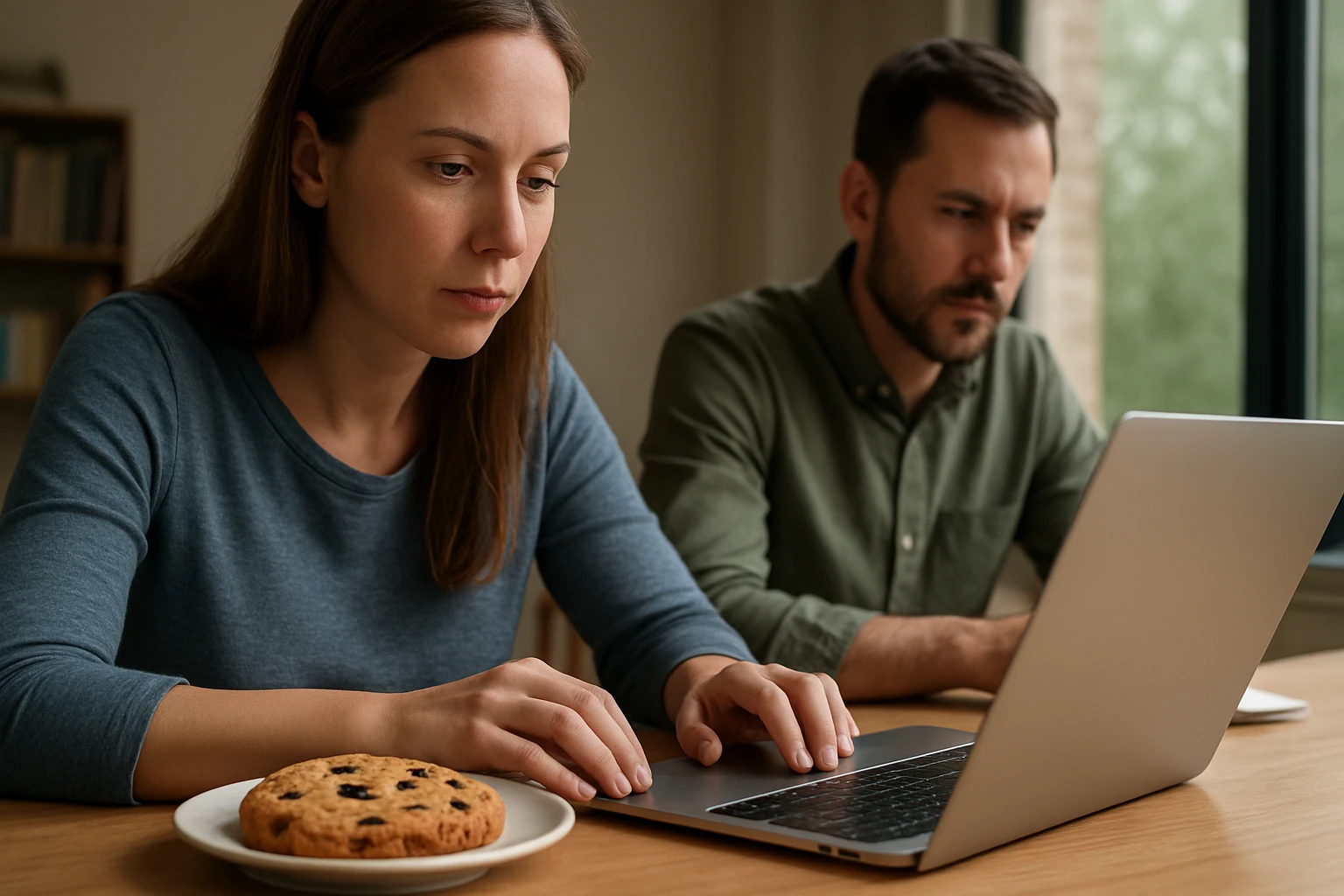 Két ember dolgozik laptopon, egy nő figyelmesen gépel, mellette egy süti.