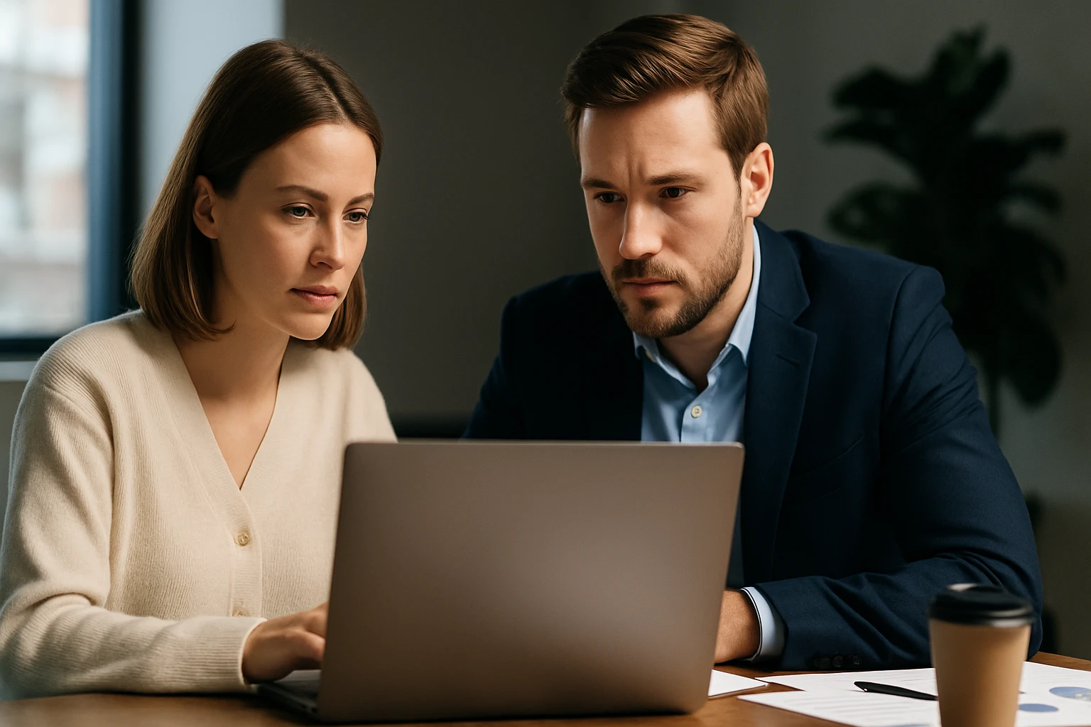 Két ember, férfi és nő, figyelmesen néz egy laptop képernyőjére.