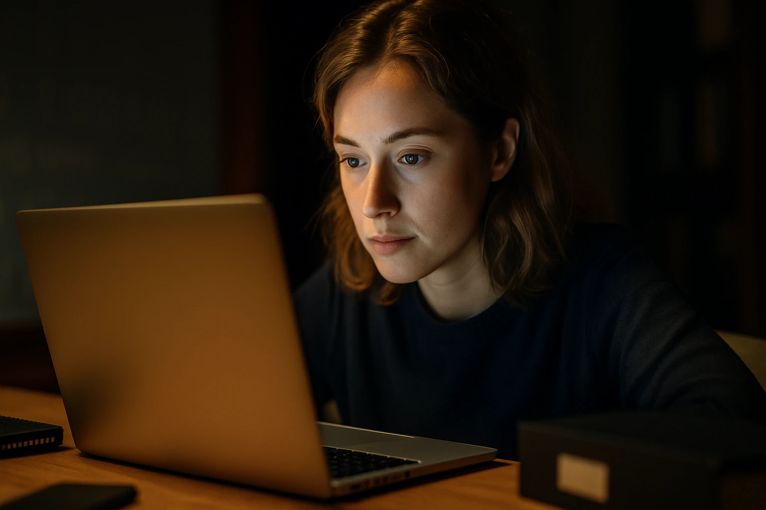 Egy fiatal nő figyelmesen néz egy laptop képernyőjére sötétben.