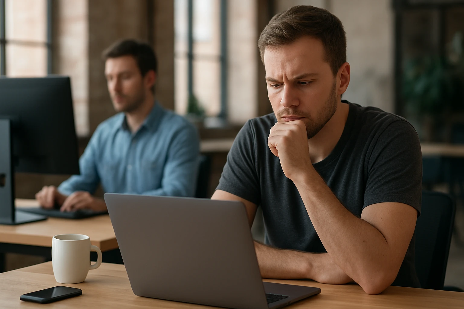 Egy férfi koncentrálva nézi a laptopját, miközben egy másik férfi dolgozik a háttérben.