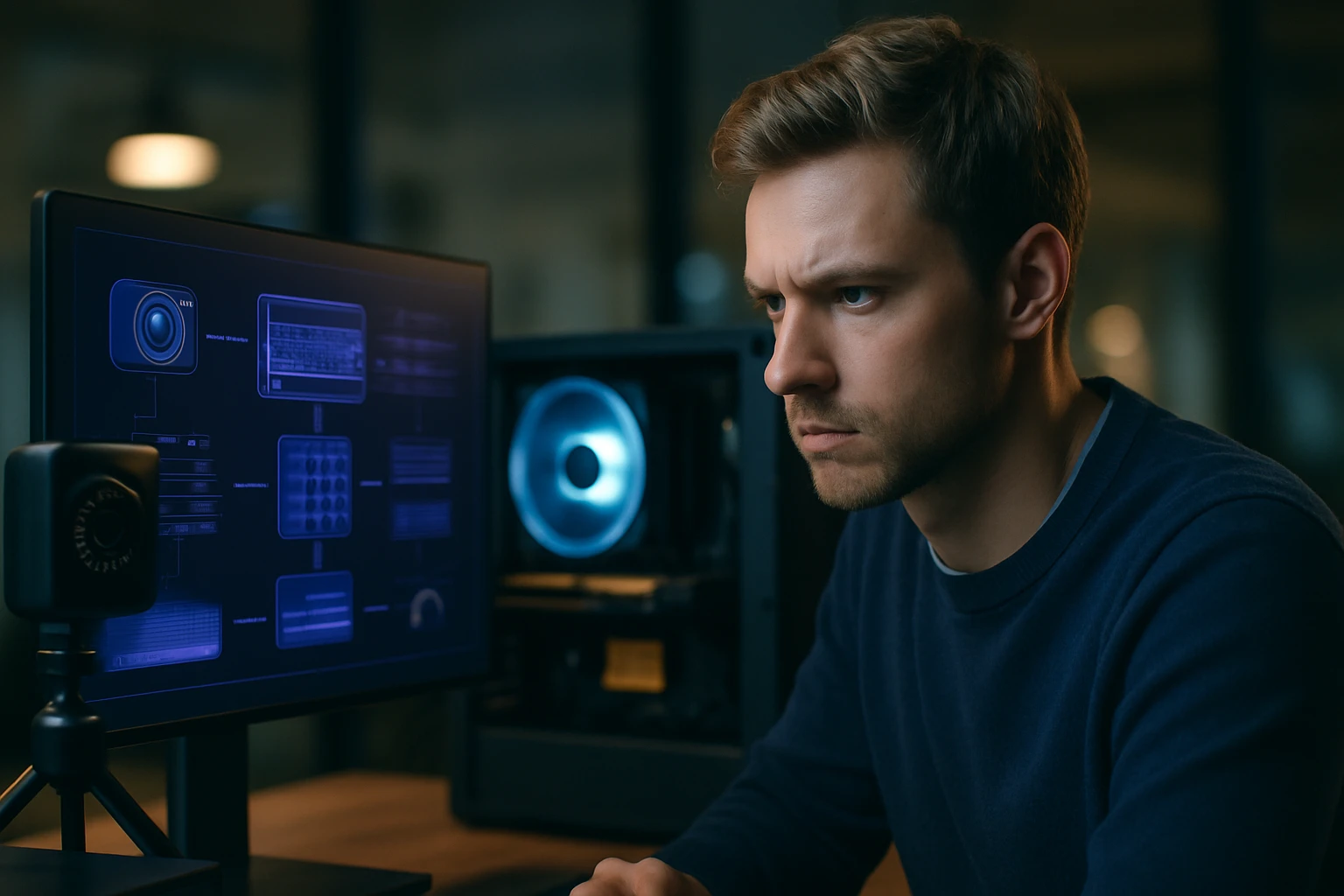 Egy fiatal férfi koncentrálva néz egy számítógép képernyőjére, háttérben számítógép ház.