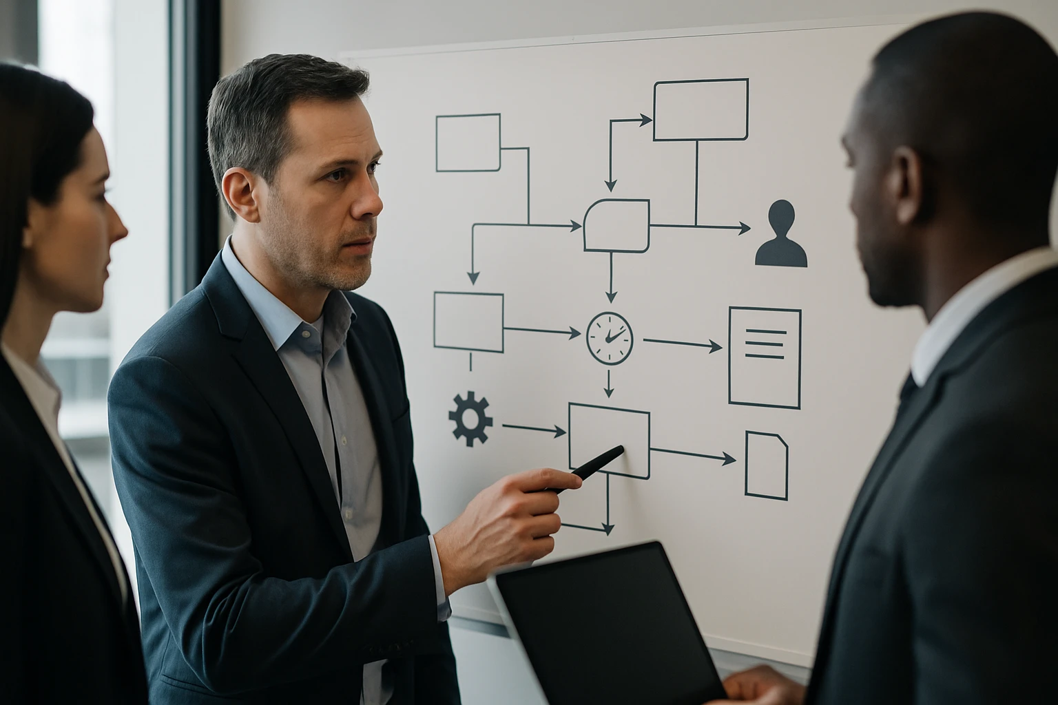 Két üzletember és egy üzletasszony egy folyamatábrát elemznek egy megbeszélésen.