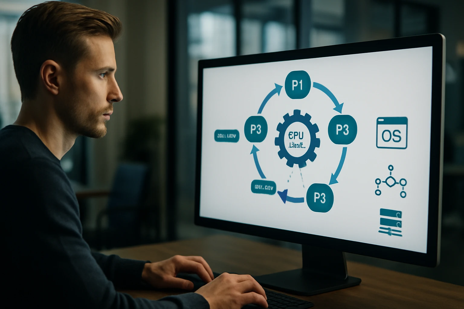 Egy férfi számítógép előtt ül, miközben egy diagramot néz, amely folyamatokat ábrázol.