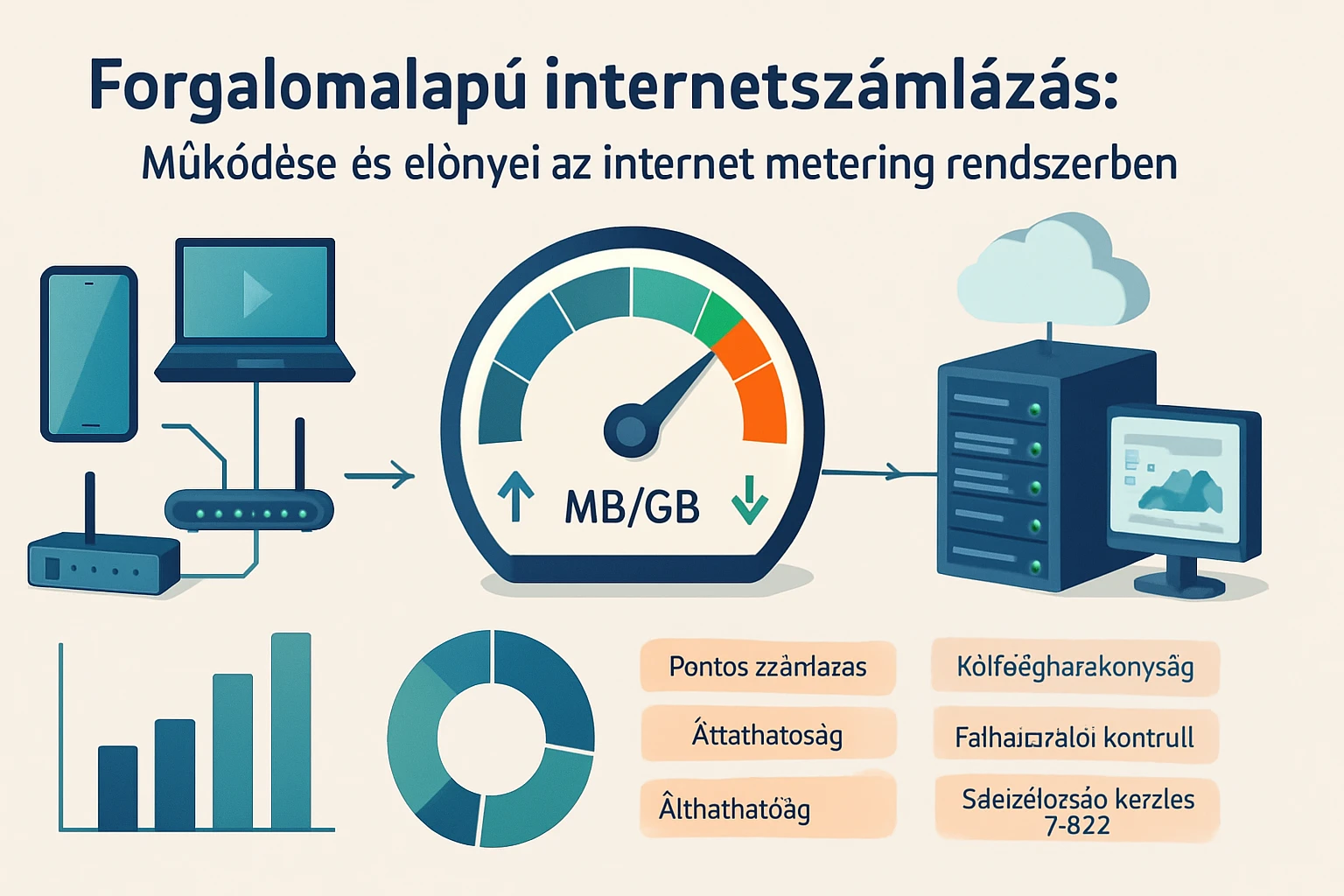 Forgalom alapú internetszámlázás grafika, eszközök és adatok ábrázolásával.