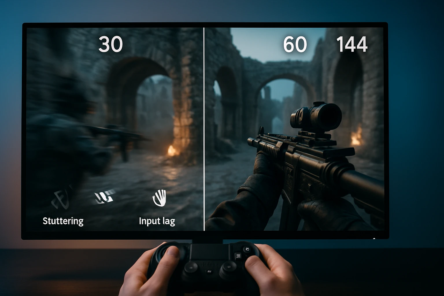 Két különböző játékélmény összehasonlítása, 30 és 144 FPS között.