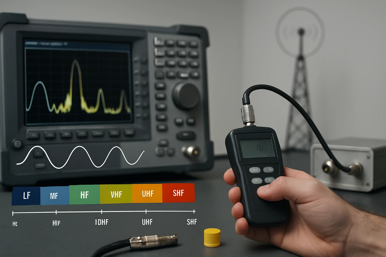 Egy kézi frekvenciamérő, amelyet egy technikus használ, háttérben oszcilloszkóp.