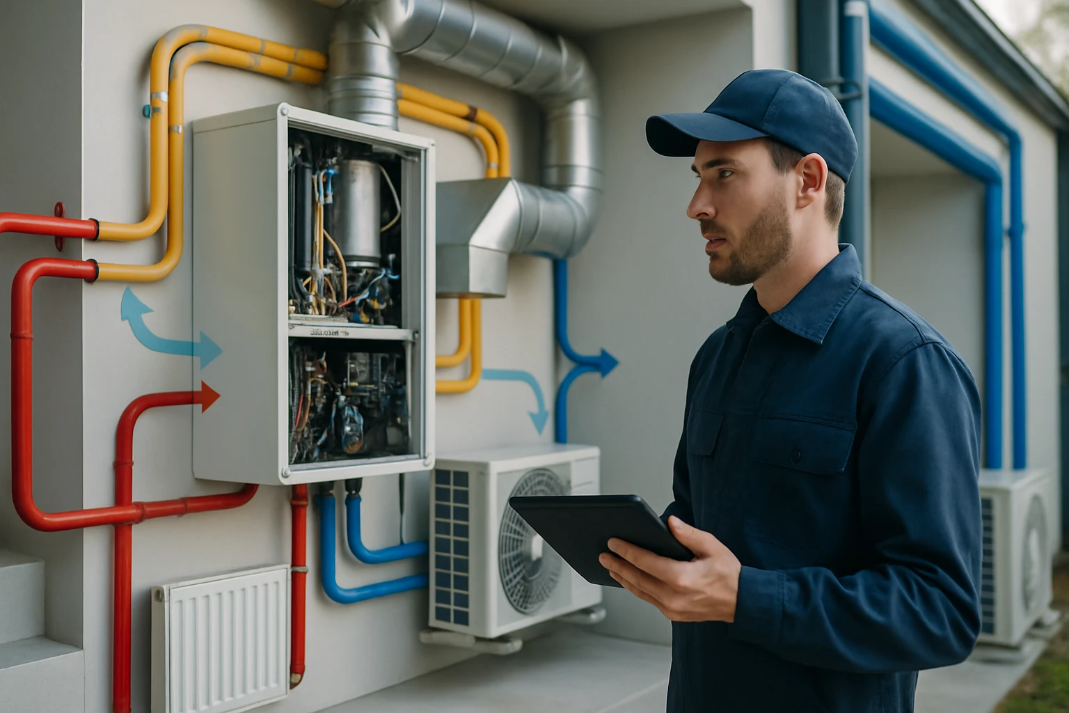 Egy technikus áll egy fűtési rendszer előtt, táblagépet tart a kezében.