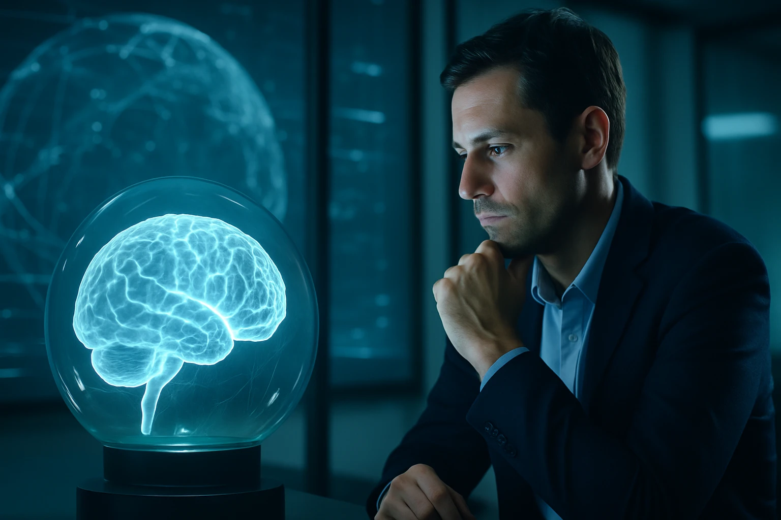 Egy férfi figyelmesen nézi a lebegő, világító agy modellt egy futurisztikus környezetben.