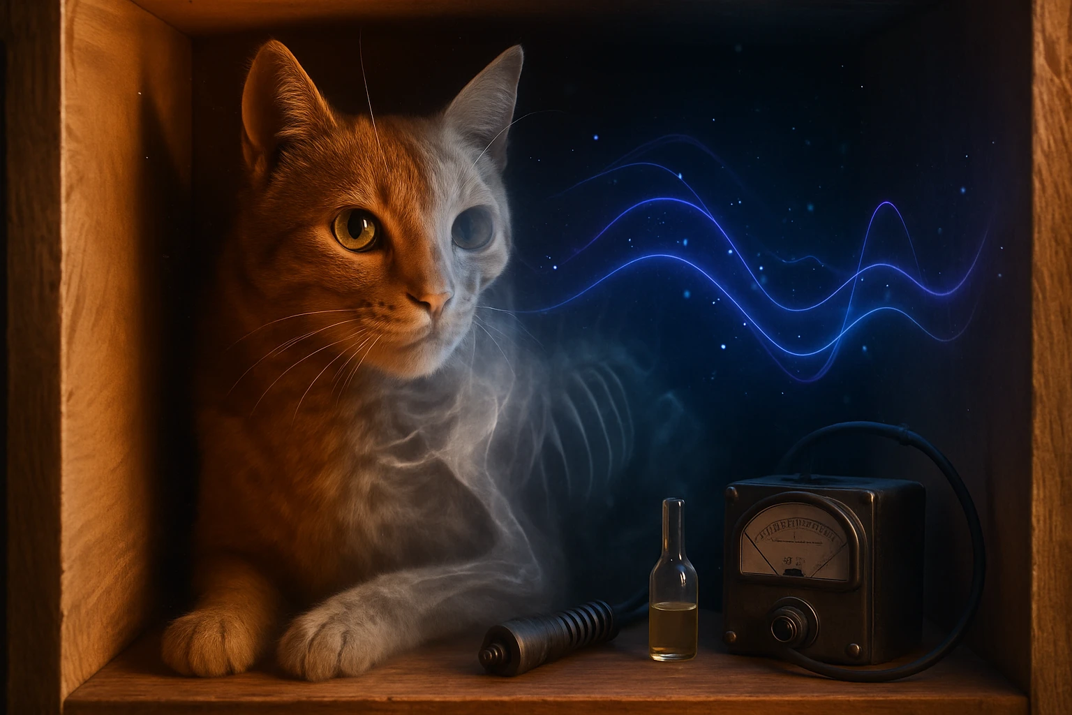 Egy macska félig átlátszó, futurisztikus háttérrel, technikai eszközökkel.