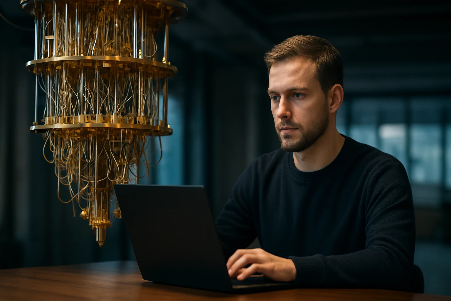 Egy férfi dolgozik egy laptopon, mögötte futurisztikus fényforrás látható.