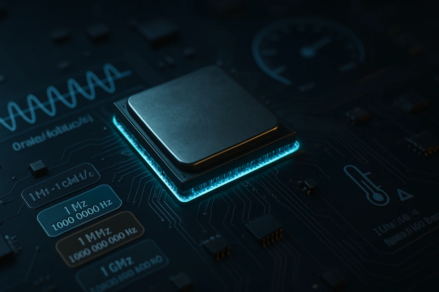 Egy modern processzor látható, amely világító kerettel rendelkezik, háttérben áramkörökkel.