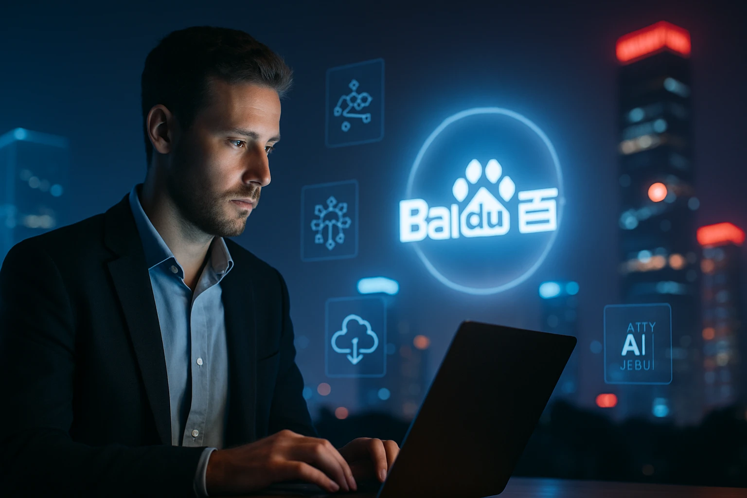 Egy férfi laptop előtt ül, háttérben futurisztikus városi táj és digitális ikonok.